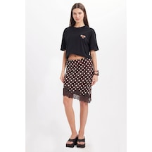 Tudors Kadın Slim Fit Dar Kesim Puantiyeli Dantel Detaylı Asimetrik Kahverengi Etek-51016
