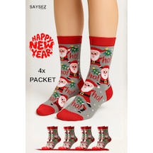 Saysez Unisex Yılbaşı Desenli 4'lü Paket Renkli Soket Çorap Christmas Happy New Year Renkli9