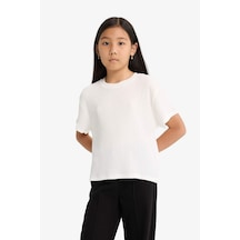 Defacto Kız Çocuk Oversize Geniş Kalıp Bisiklet Yaka Kısa Kollu Tişört G1709a825auer134 Ekru