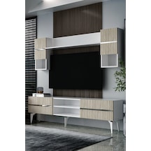 180dhdtür5btg Tedy Lazer Pleksi Desenli Raflı Tv Ünitesi Takımı Beyaz-traverten-gümüş