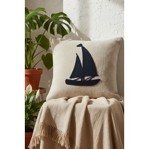 Lacivert Yelkenli Hasır Görünümlü Dokuma Punch Kırlent Kılıfı Ekru