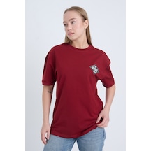 Kadın Oversize Baskılı T-shirt Bordo Vintage Label Bordo