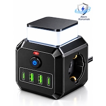Akım Korumalı 3'lü Priz 2200w 1050j 10a Gece Lambalı 2 Usb 2 Type-c Şarj Girişli 0.2 M