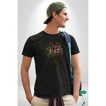 Doğanın Kalbi Yeşillikler Kalp Unisex Unisex Siyah Organik Baskılı T-shirt Penye Yüksek Kalite Siyah