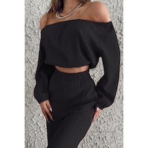 Fashion Cocktail Düşük Omuz Yazlık Lastikli Bohem Sahil Pantolon Krop Göbek Açık Kadın Takım Siyah
