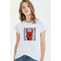 Rock'N Roll El Işareti Baskılı Beyaz Kadın Tshirt