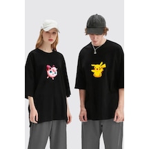 Unisex Kadın Erkek Pikachu Jigglypuff Baskılı Sevgili Çift Kombini Tasarım Oversize T-shirt 2'li Set Siyah Mck1964 Siyah
