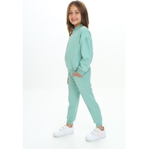 Toontoy Kids Toontoy Kız Çocuk 2'li Takım Nakış Baskılı Dik Yaka Fermuarlı Sweatshirt & Beli Paçası Ribanalı Cepli Jogger Eşofman Altı - Nervürlü & 2 İplik Yeşil