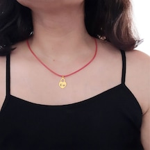 E Harfine Özel 14 Ayar Altın Plakalı Kırmızı Bağlıklı Kalp Figürlü Hediyelik Kolye-633harf E