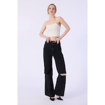 Yüksek Bel Wide Leg Dizler Lazerlı Jeans-siyah Siyah