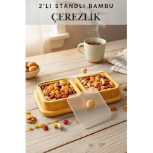2'li Standlı Kapaklı Bambu Çerezlik Sunumluk Açık Kahverengi