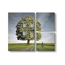 Sürreal Ağaç Ev Tablosu 88 X 73-3 Parçalı Açık Altın