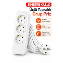 5 Metre Kablolu Topraklı Çocuk Korumalı Üçlü Priz Beyaz Renkli Güvenli Tasarım 5 M