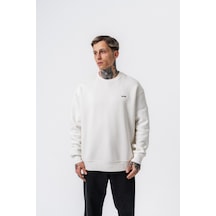 Erkek Respire Yazı Detaylı Basic Oversize Sweatshirt Ekru