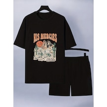Uyguntarz Unisex Hismercies Tasarım Basklı Tshirt Şort Takımı Siyah