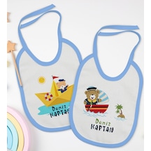 BK Kids Kişiye Özel Sevimli Kaptan Tasarımlı 2’li Mavi Mama Önlüğ Mavi