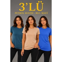 Kadın 3 Lü Kısa Kollu Bisiklet Yaka Basic Slim Fit T-shirt -petrol Mavisi - Bej - Mavi Çok Renkli