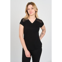 Sistas Kadın V Yaka Omuz Ve Sırt Tül Detaylı Kısa Kol Bluz 4148 Siyah Siyah