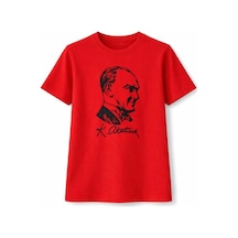 Barlashive Kız Çocuk Atatürk Baskılı Tişört Kısa Kollu Bisiklet Yaka T-shirt - Kırmızı Çok Renkli