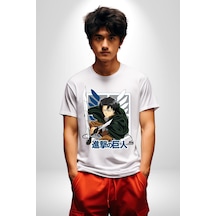 Anime Levi Ackerman Beyaz Ve Siyah Kanatlar Kadın Erkek Unisex Beyaz Organik Baskılı T-shirt Penye Yüksek Kalite Beyaz