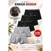 Trendybee Erkek Slim Fit Boxer 5 Adet Paket Likralı Rahat Kesim Özel Kutulu Gri - Siyah