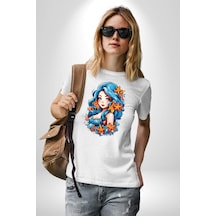Deniz Kızı Deniz Yıldızı Mavi Saçlı Unisex Unisex Beyaz Organik Baskılı T-shirt Penye Yüksek Kalite Beyaz