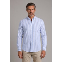 Bisse Mavi Regular Fit Pamuk Keten Uzun Monti Gömlek Gmktn250008 D35