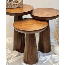 Ahşap 3 Lü Set Mantar Yan Sehpa Açık Ceviz Renk Fiskos / Wooden Coffee Table / Dekoratif Çiçeklik Ceviz