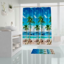 Zethome Tropik Palm Beach Banyo Duş Perdesi Tek Kanat 1X180X200 Çok Renkli