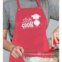 BK Gift Profesyonel Lets Cook Tasarımlı Kırmızı  Mutfak Önlüğü, A
