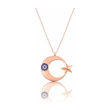 Çekirdekjewelry 925 Ayar Gümüş Ay Yıldız Kolye Nazar Boncuk Taşlı, Parlak Rose Kaplama Pembe