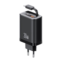 Usams Cc296 30w Hızlı Şarj Cihazı Ab Tak Telefon Adaptörü, Tip-c Geri Çekilebilir Kablo Siyah