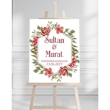 Söz Nişan Düğün İçin 50x70 Karşılama Panosu - Kırmızı Gül Desenli 002 Beyaz