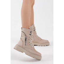 Poli Taban Fermuar Detaylı Rahat Kalıp Bağcıklı Kadın Krem Süet Bot Tber200 Krem Süet