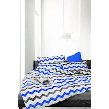 Doğal Pamuk Tek Kişilik Nevresim Takımı Mavi Zigzaglı