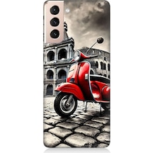 Samsung Galaxy S21 Uyumlu Kırmızı Vespa Roma Sokakları Desenli Silikon Kılıf Çok Renkli