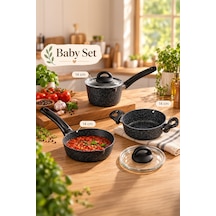 Porsima 4398 4 Parça Kaçerola Sosluk Sütlük Mini Granit Tencere Sahan Seti Siyah 14cm siyah