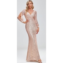 Hanife Glam Couture Hanife Glam Uzun Kollu Kruvaze Yaka Pullu Abiye Elbise Gold