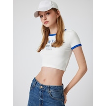 Koton Crop Tişört Slogan Baskılı Bisiklet Yaka Biyeli Kısa Kollu Slim Fit Ekru 4sal11123ık Ekru