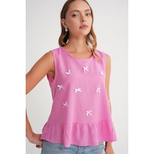Mixray 4718 Kadın Fiyonk Detaylı Fırfırlı Keten Bluz Pembe