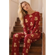 Siyah İnci Desenli Termal Kumaşlı Ultra Soft Yumuşak Örme Pijama Takımı 26226319 Kırmızı