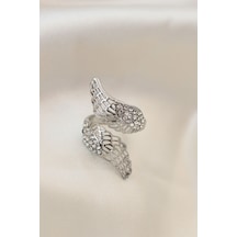 Ayarlamalı Silver Renk Metal Zirkon Taşlı Kanat Yüzük - Lisinya Gümüş
