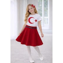 Dıgıl Kids Kız Çocuk Etek Takım Ay Yıldız T-shirt 23 Nisan Gösteri Kıyafeti Kırmızı - Beyaz6
