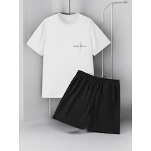 Uyguntarz Unisex Cep İmza Tasarım Basklı Tshirt Şort Takımı Beyaz