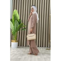 Tesettür İkili Takım Uzun Tunik Bol Paça Pantolon 4006-bej Bej