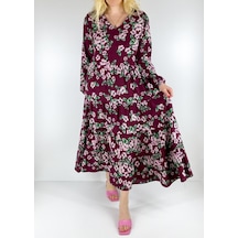 Modaonna Çiçek Desenli Bordo Maxi Elbise Bordo