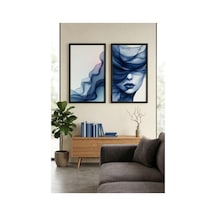 Siyah Ahşap Çerçeveli Mavi Soyut Kadın Portre Modern Duvar Tablosu 2 Li Set Siyah