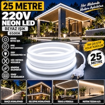 Borsan 25 Metre 220v Neon Led 6500k Beyaz Işık Ip65 Suya Dayanıklı Fişli Tak Çalıştır Iç Dış Mekan Montaj Aparatı Dahil 6500K - Beyaz Işık