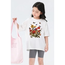 Uyguntarz Çocuk Flowers Baskılı Pamuklu Tshirt Beyaz