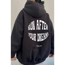 Kadın Siyah Run After Your Dreams Baskılı Sweatshirt